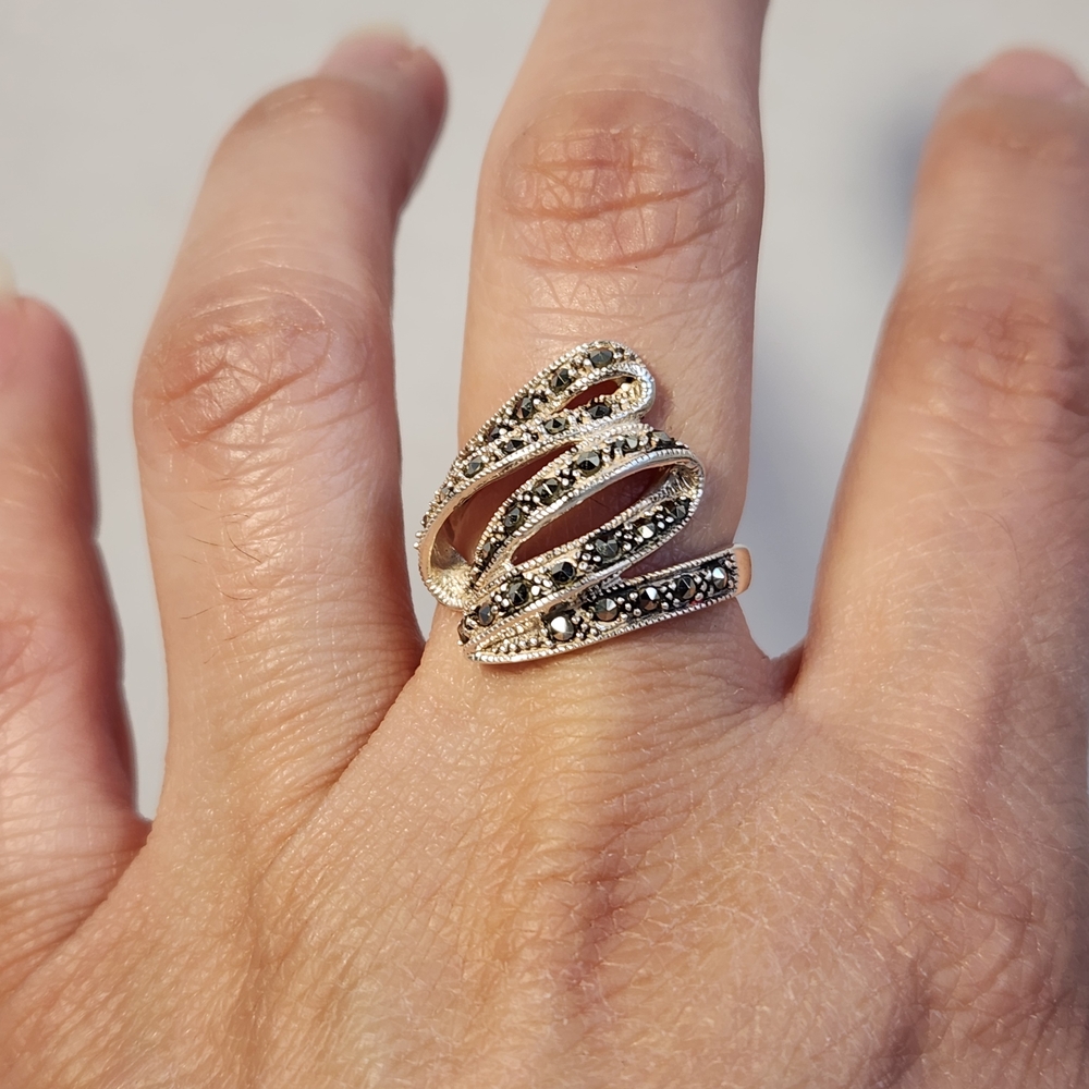 VTG 925 Silver Marcasite Wrap Ring | Multi Band Spiral | Size 6.5